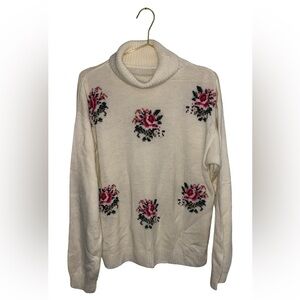 Vintage Floral Knit Women's Turtleneck Sweater Cream & Pink P2P 26”